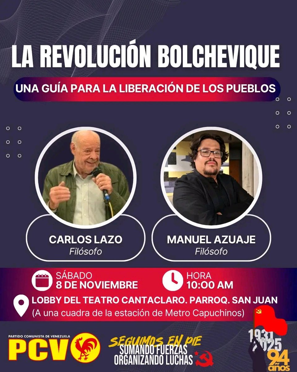 REVOLUCIÓN BOLCHEVIQUE, UNA GUIA PARA LA LIBERACIÓN DE LOS PUEBLOS.
🚩🚩🚩🚩🚩
Te invitamos a la conmemoración de la Revolución Bolchevique, un evento donde contarás con exposición fotográfica, actividades culturales y la presentación de ponencias sobre los hechos históricos que