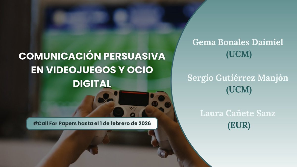 Envía tu manuscrito para el #Monográfico “Comunicación persuasiva en videojuegos y ocio digital”
Fecha límite: 01/02/2026
Publicación: 15/07/2026
Coordinado por: 
<a href="/gemabon/">Gema Bonales</a> <a href="/unicomplutense/">Complutense</a> <a href="/erasmusuni/">Erasmus University</a>
Requisitos y temáticas: indexcomunicacion.es/index.php/inde…

#CFP #Videojuegos #OcioDigital