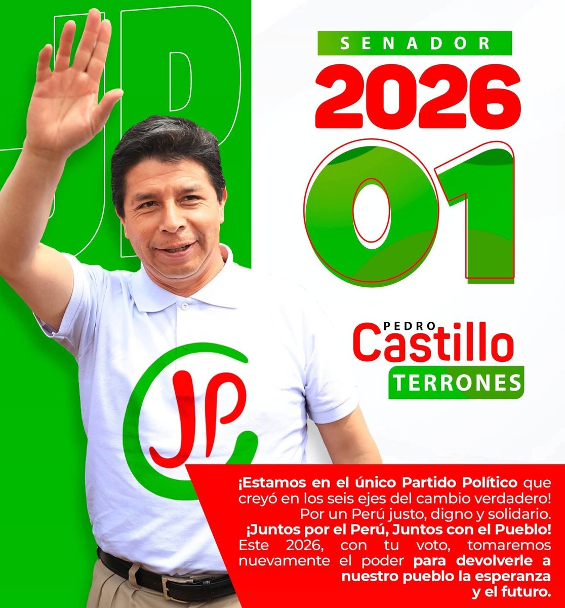 MegaPlusTve's tweet photo. 🔴🌐#LOÚLTIMO || Profesor Pedro Castillo Terrones lanza su candidatura al senado 2026

El hoy recluido en el penal de Barbadillo, Pedro Castillo, ha hecho oficial su candidatura al Senado de la República bajo el partido Juntos por el Perú.
📍¿VOTARÍAS por Pedro Castillo? https://t.co/O5PZVSUZKj