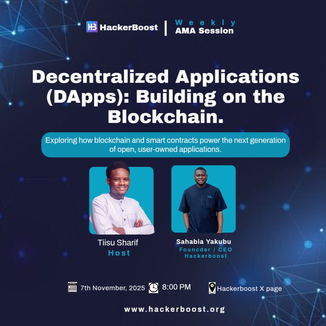 HackerBoostX's tweet image. We’re live tonight at 8 PM for another HackerBoost AMA.
Let’s talk about Decentralized Applications (DApps) and how blockchain is changing the way we build.
Host: @Tiisu_Sharif
Speaker: @sahadevgh
Space Link x.com/i/spaces/1djGX…
#Web3 #Blockchain #DApps #HackerBoost
