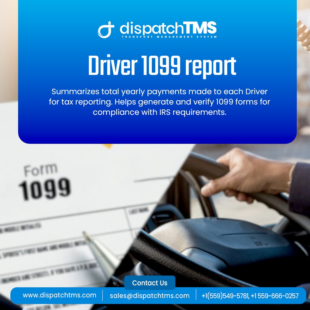 dispatchtms's tweet image. Driver 1099 report
Summarizes total yearly payments made to each Driver for tax reporting. Helps generate and verify 1099 forms for compliance with IRS requirements.
#dispatch #dispatchservices #dispatchTMS #Truck #logistics #USA