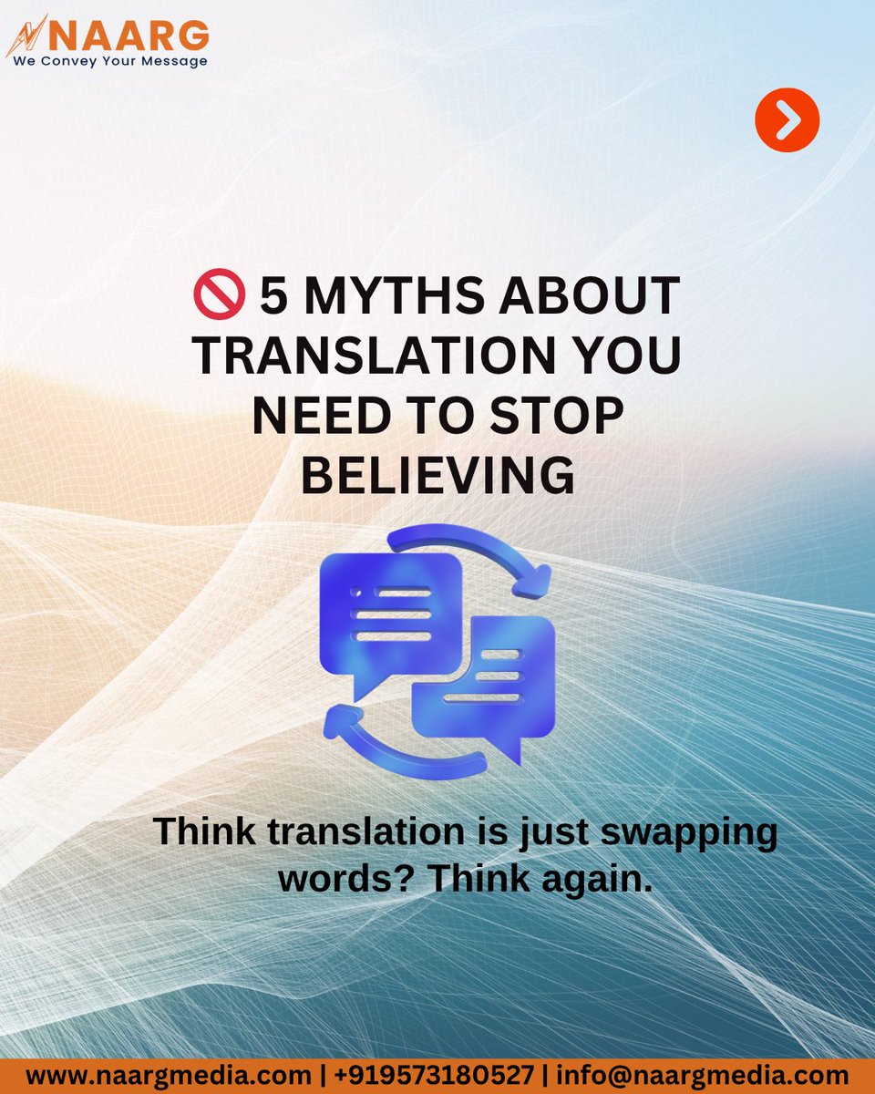 NaargMedia's tweet photo. 🚫 5 Myths About Translation You Need to Stop Believing 👇
🌍 Naarg Data Media Services —
We help your brand speak every language naturally.
#TranslationMyths #LocalizationMatters #NaargDataMediaServices https://t.co/vwz2SbYpmC