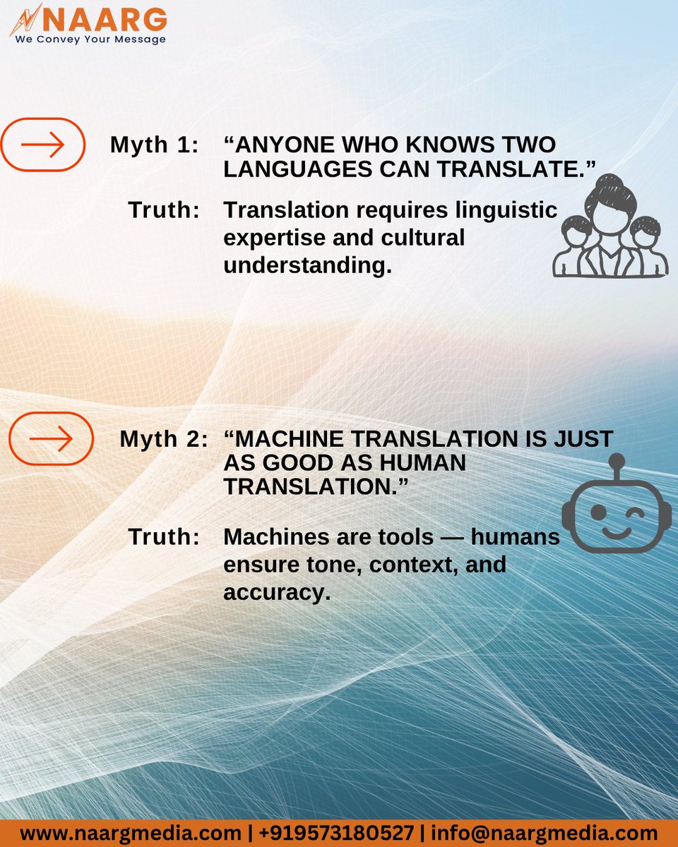 NaargMedia's tweet photo. 🚫 5 Myths About Translation You Need to Stop Believing 👇
🌍 Naarg Data Media Services —
We help your brand speak every language naturally.
#TranslationMyths #LocalizationMatters #NaargDataMediaServices https://t.co/vwz2SbYpmC