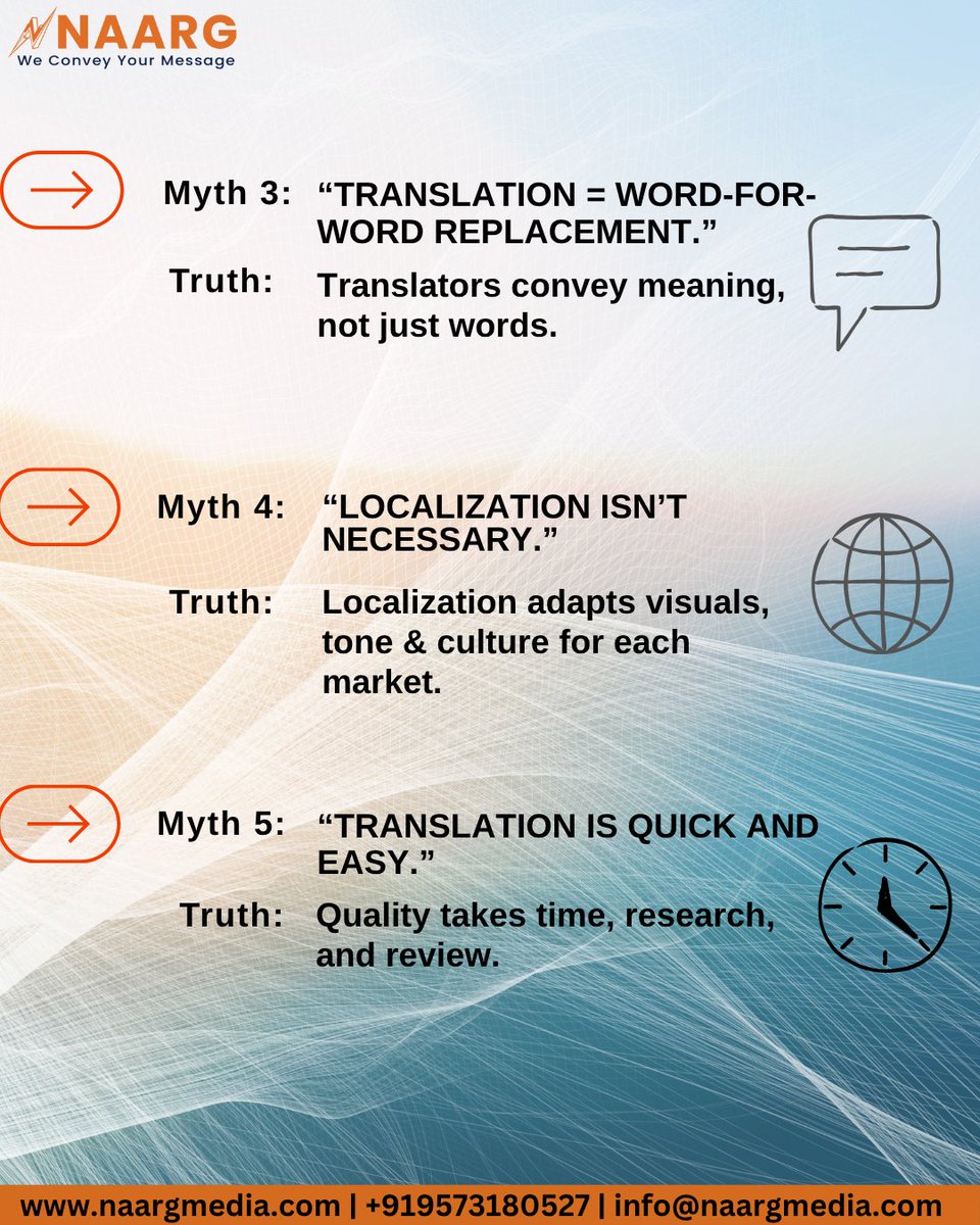 NaargMedia's tweet photo. 🚫 5 Myths About Translation You Need to Stop Believing 👇
🌍 Naarg Data Media Services —
We help your brand speak every language naturally.
#TranslationMyths #LocalizationMatters #NaargDataMediaServices https://t.co/vwz2SbYpmC