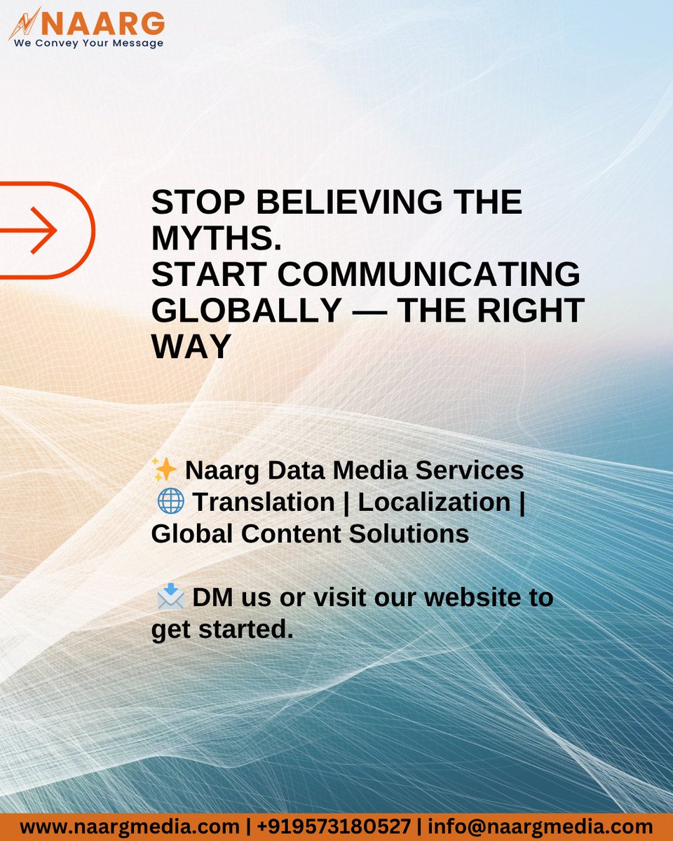 NaargMedia's tweet photo. 🚫 5 Myths About Translation You Need to Stop Believing 👇
🌍 Naarg Data Media Services —
We help your brand speak every language naturally.
#TranslationMyths #LocalizationMatters #NaargDataMediaServices https://t.co/vwz2SbYpmC