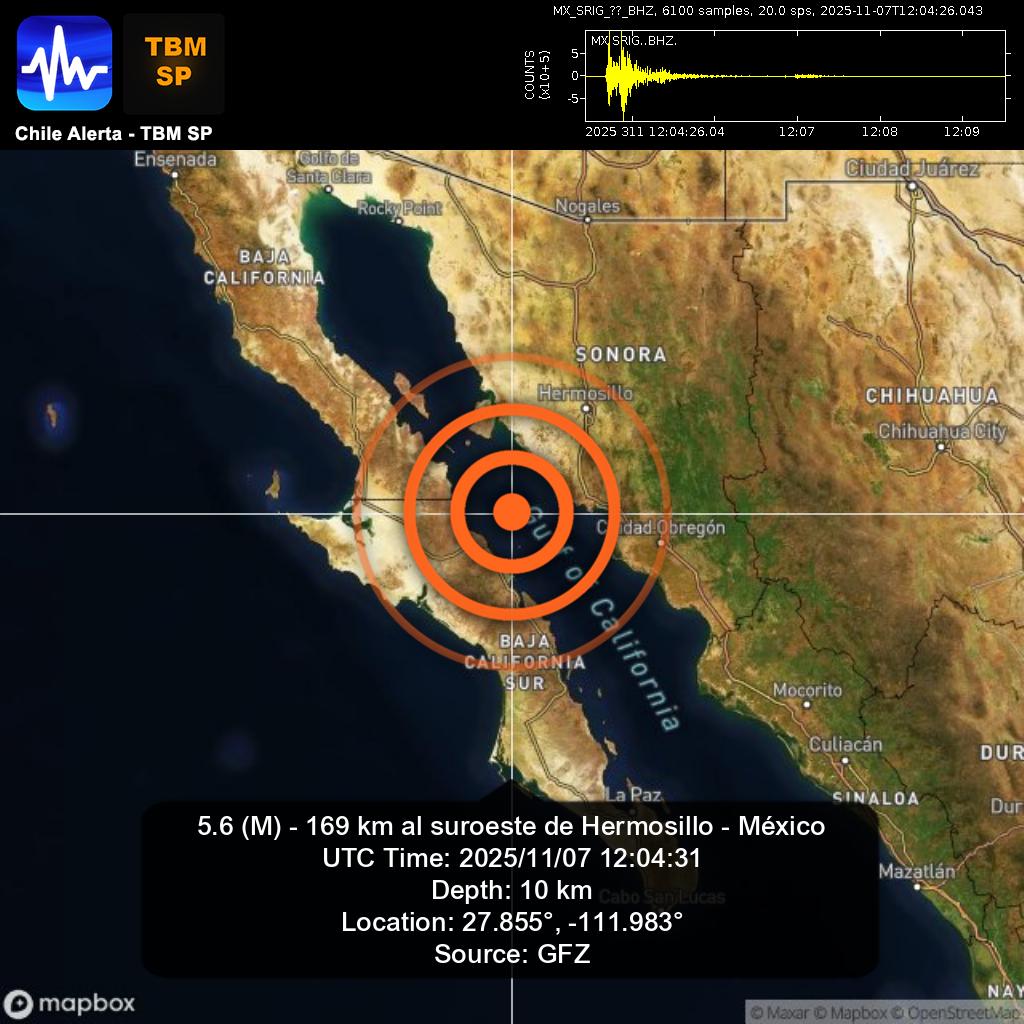 ChileAlertaApp's tweet photo. New #Earthquake. 🌎
5.6 (M) - 169 km al suroeste de Hermosillo - México.
2025/11/07 12:04:31 UTC.
App: https://t.co/RblVNxZYn8

🔁 Comparte, comenta y síguenos 👍

#Hermosillo #México #earthquake #sismo #temblor #terremoto https://t.co/oDNSA3OsSo