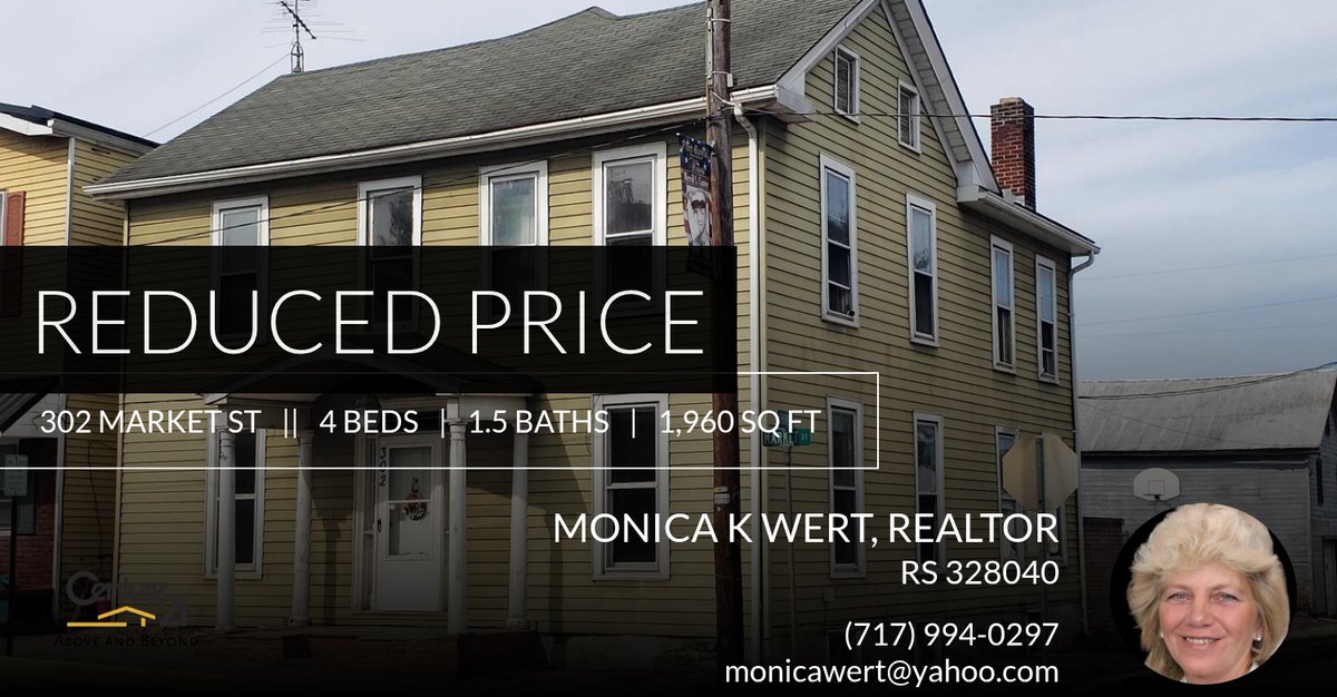 Monica_Wert's tweet photo. 📍 Reduced Price 📍 This recently reduced home at 302 Market St in Port Royal won't last long, so, don't wait to set up a showing! Reach out here or at (717) 994-0297 for more information!

Monica K Wert, Realtor, Century 21 Above ... https://t.co/u7bXLxKIjs https://t.co/7f1osHQPza