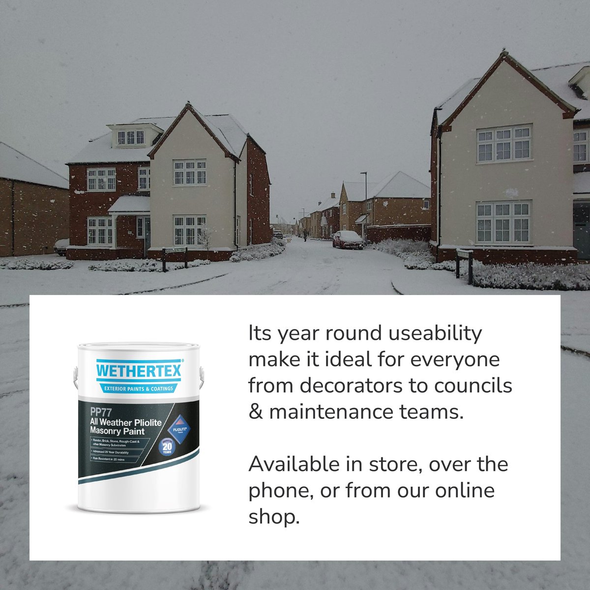 MakerCoatingUK's tweet photo. Don't let the weather put work on hold. With Wethertex PP77 Pliolite Masonry Paint you can keep painting whatever the weather.

Now available in store, over the phone, or from our online shop at https://t.co/taPoidsgvV 

#WinterPaint #MasonryPaint #Wethertex #Pliolite https://t.co/QZq4vtaXCL
