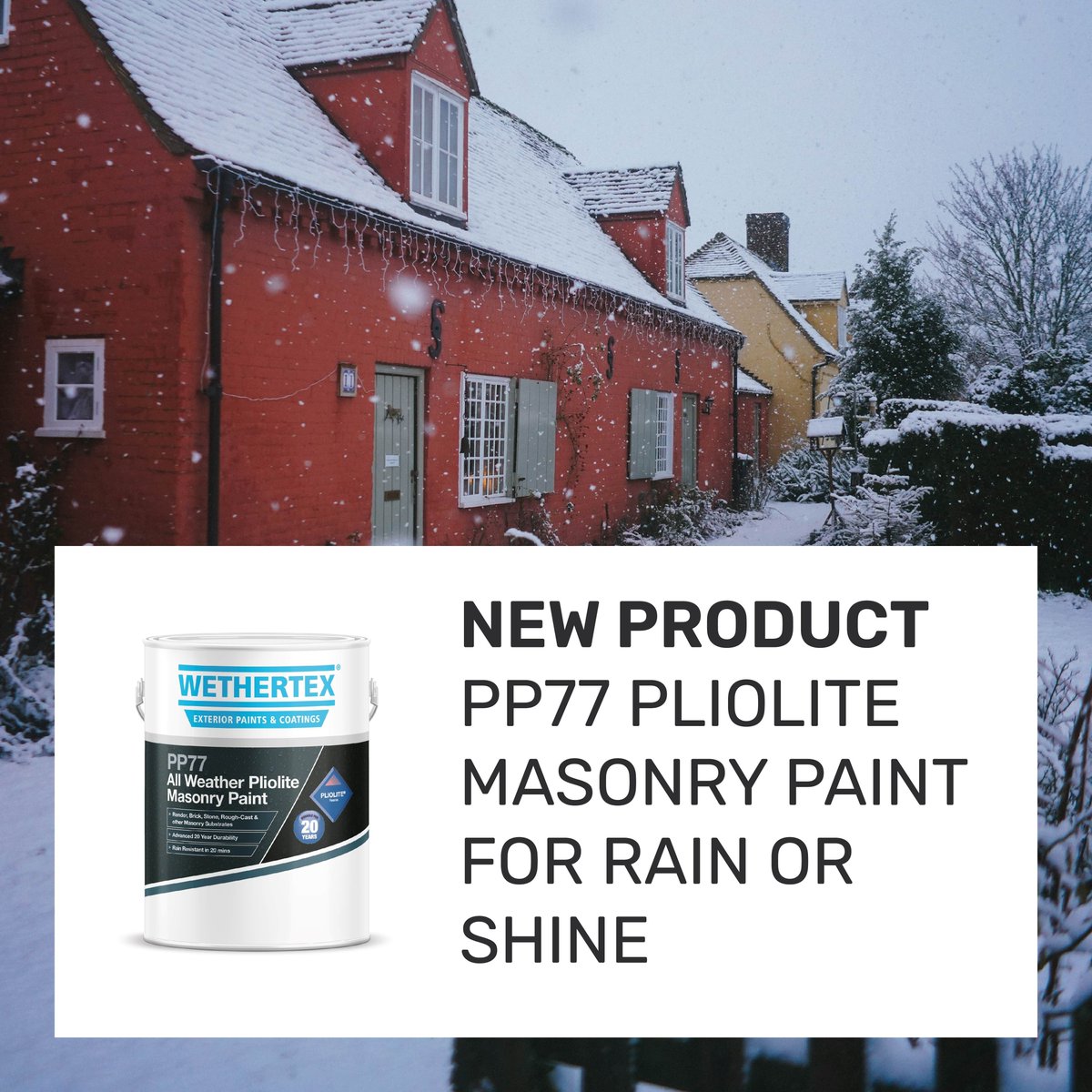 MakerCoatingUK's tweet photo. Don't let the weather put work on hold. With Wethertex PP77 Pliolite Masonry Paint you can keep painting whatever the weather.

Now available in store, over the phone, or from our online shop at https://t.co/taPoidsgvV 

#WinterPaint #MasonryPaint #Wethertex #Pliolite https://t.co/QZq4vtaXCL