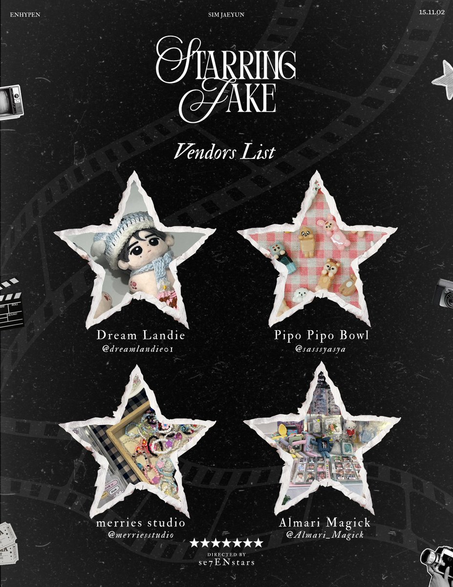 — ✦₊˚ 🎞️

🎬 roll camera, cue the vendors!
spotlight on our shining creators~🖤

📼 crochet doll closets &amp; keychains
📼 clay hippers, charms &amp; accessories
📼 handmade accessories, beads
📼 official kpop merchs &amp; crochet items

see you at the premiere! ☕🤍
#StarringJakeinKL