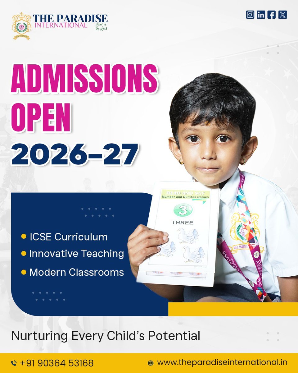 internatio84613's tweet photo. ADMISSIONS OPEN 2026-27! Secure your child's future with ICSE Curriculum, Innovative Teaching, and Modern Classrooms at The Paradise International School.
#AdmissionsOpen #ICSECurriculum #InnovativeLearning #FutureReady #BestSchool #SchoolAdmissions https://t.co/lJNbQ8AP74