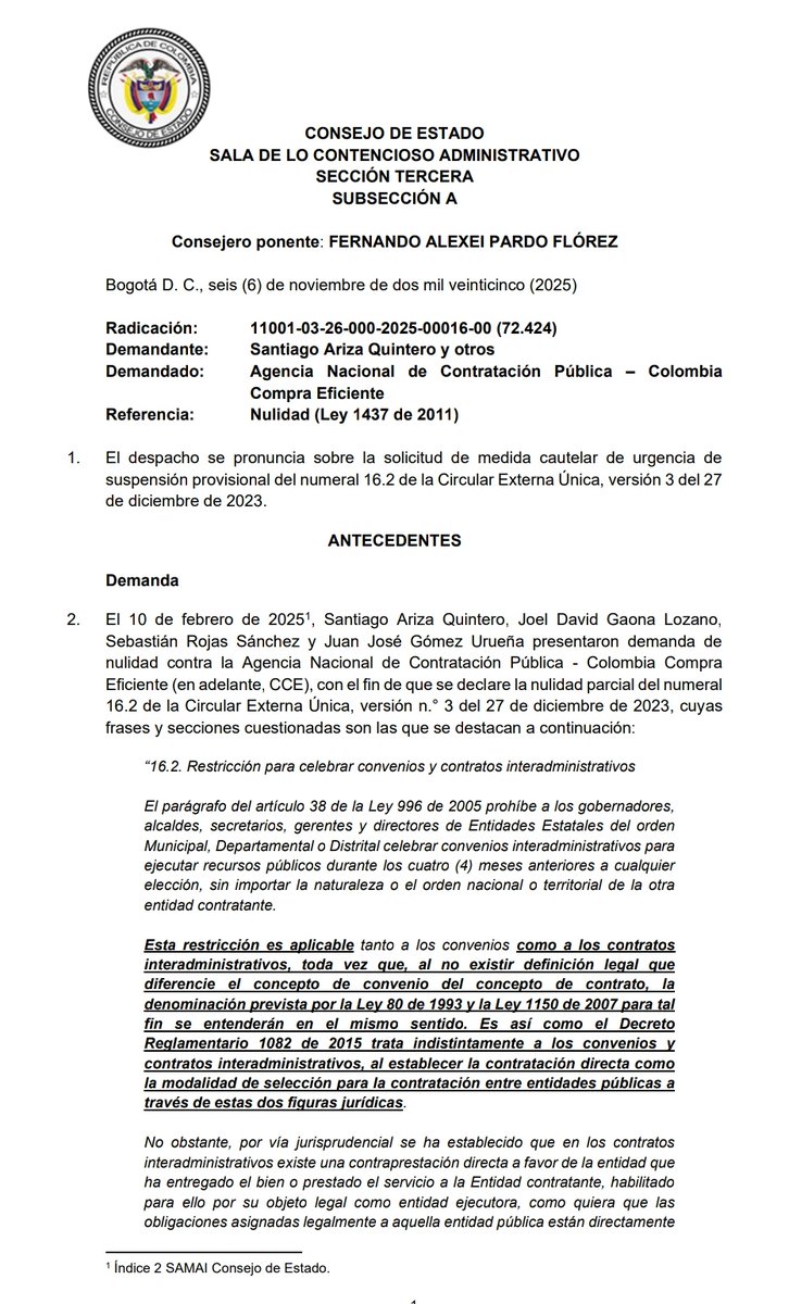 Contratación Estatal: CE decreta suspensión provisional de los apartes cuestionados del inciso segundo del numeral 16.2 de la Circular Externa única, versión 3 del 27 de diciembre de 2023 de <a href="/colombiacompra/">Colombia Compra Eficiente</a> 
drive.google.com/file/d/1PWr1Gf…