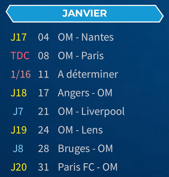 Championnat, Trophée des Champions, Coupe De France, Ligue des Champions… 

Le mois de janvier sera déterminant pour l’Olympique de Marseille 25/26.

Les hommes de Roberto De Zerbi disputeront 8 matchs en 27 jours.

 #TeamOM #OM