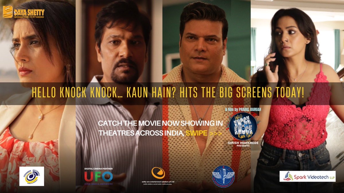 hellokkkhai's tweet photo. The doors of suspense are open! Don’t miss Hello Knock Knock… Kaun Hain? — now showing in cinemas across India. 
.
.
.
#HelloKnockKnockKaunHain #NowInCinemas #DayaShettyProductions #PrabalBaruahFilm #IndianCinema #NewMovieRelease #WatchInTheatres #ThrillerMovie #MysteryDrama https://t.co/pqJSyHM5Bt