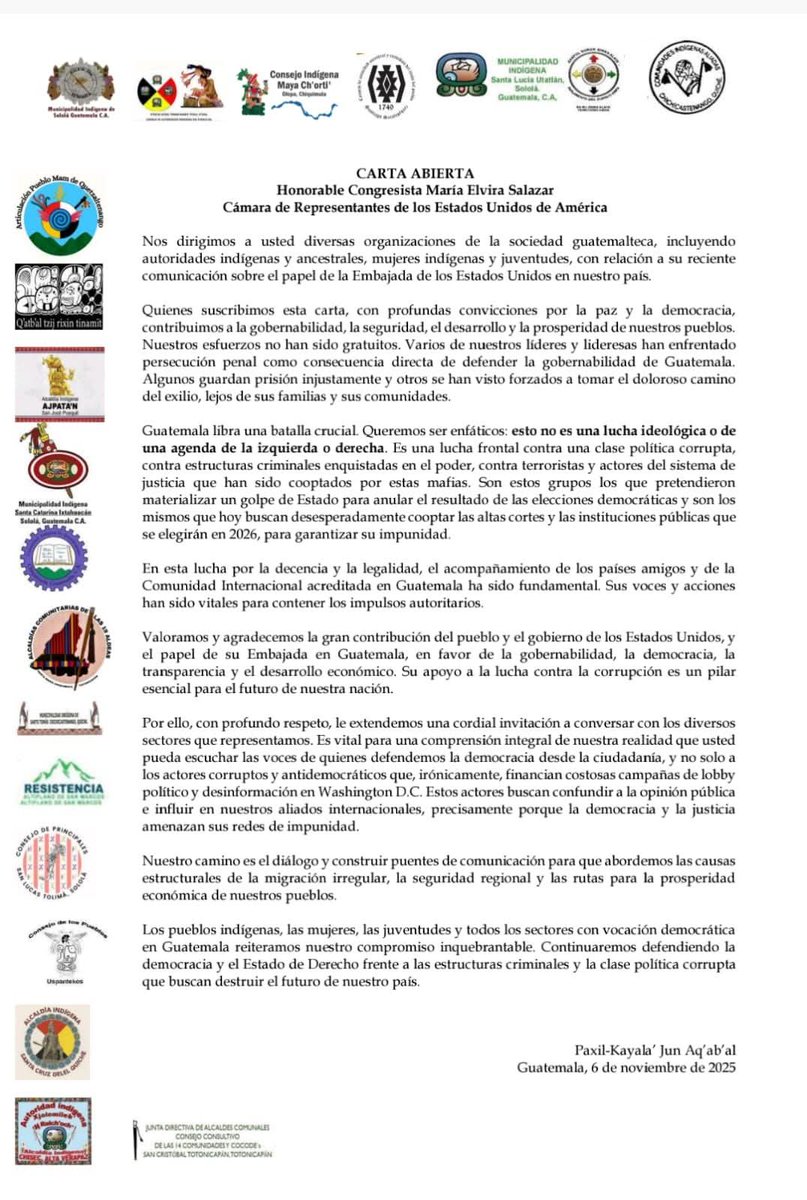 #AHORA Autoridades indígenas y en especial la Municipalidad Indígena de Sololá emiten una carta abierta dirigida a la congresista estadounidense, María Elvira Salazar | Vía <a href="/JCChanta_EU/">Juan Carlos Chanta</a>