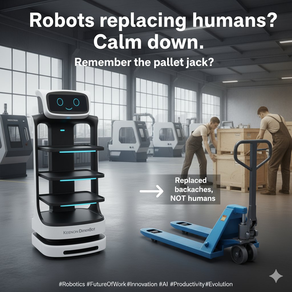 robodooh's tweet image. 1/2 Les robots vont nous remplacer ? 🤖
Calmez-vous. Vous avez peur des robots ?
Rappelez-vous l&apos;arrivée du transpalette.
Avant lui, on se détruisait le dos à porter des charges. 
Le transpalette a-t-il &quot;remplacé&quot; le magasinier ?
Non. Il a remplacé le mal de dos.