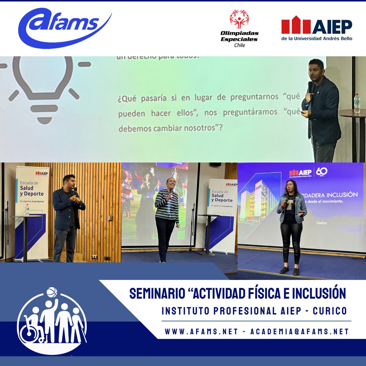 afamsoficial's tweet image. 🏃‍♂️ Seminario “Actividad Física e Inclusión” en Curicó reunió a profesionales para reflexionar sobre el deporte inclusivo.
Participaron AFAMS, AIEP y Olimpiadas Especiales Chile 🤝
💪 Gran trabajo colaborativo.
#Inclusión #DeporteAdaptado #AFAMS #AIEP #OlimpiadasEspecialesChile