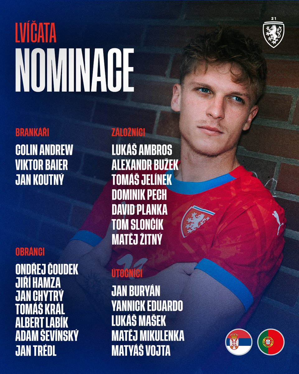 🚨 OFFICIEL 

La liste de Michal Bílek pour le rassemblement du mois de novembre des lionceaux face à la Serbie 🇷🇸 et au Portugal 🇵🇹

Dominik Pěch, Jiří Hamza et Jan Buryán font leur apparition dans le groupe 👀