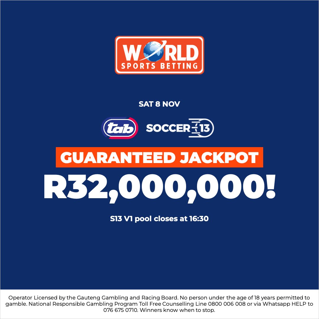 WorldSportsBet's tweet image. HUGE Soccer 13 Pool this Saturday — a massive R32 MILLION jackpot is on the line! 💰⚽

Your shot at glory is just one ticket away. Don’t miss out on this weekend’s Super Draw!

👉 Play Now: ow.ly/f6cV50XhQln

#Soccer13 #SuperDraw #WSB #BetWithTheBest