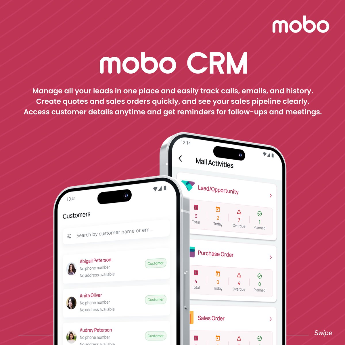 Cybrosys's tweet image. Mobo CRM: Manage leads from anywhere! 💼 Easily track calls, emails, sales history, create quotes, and view your sales pipeline clearly. Get reminders for follow-ups. Odoo CRM in the palm of your hand.
(2/5)
 #Sales #OdooCommunity #MobileCRM #Productivity