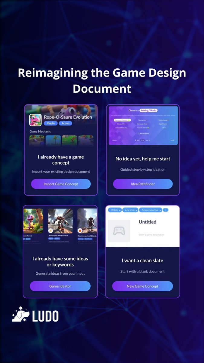 Ludo helps developers turn rough ideas into complete game concepts fast. 

Our Game Concept Tool creates polished, professional GDDs in under an hour - perfect for developing new ideas quickly &amp; professionally. 

Try it  at Ludo.ai

#GameDev #IndieDev #AITool #GDD