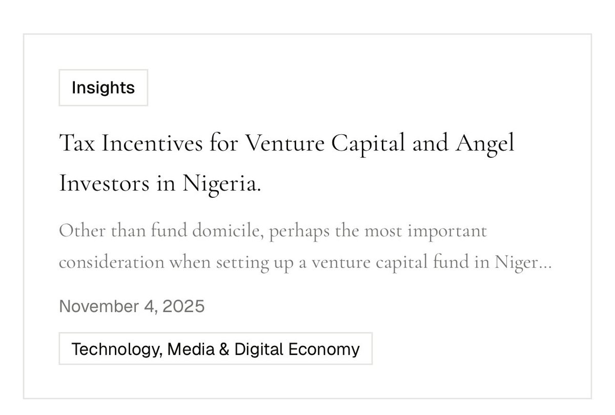 If you are a VC, or you currently manage a venture capital fund or are looking to set up a venture capital fund to invest in Nigerian startups, here is a high-level summary of tax incentives you can claim. We also provide some practical considerations.

balogunharold.com/blog/tax-incen…