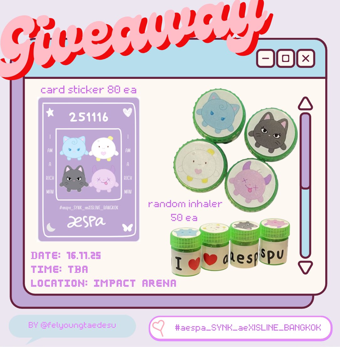felyongtaedesu's tweet image. 🎀 pls rt 🎀  
💙⭐️GIVEAWAY🌙🦋

Card sticker 100 ea.
Random Inhaler 50 ea.

⭐️ rt &amp;amp; show this tweet 
⭐️ Trade are welcome, dm pls
🗓️ 16 November 2025
⏰ TBA
📌 impact arena

แวะมารับกันเยอะๆน้าา

#aespa_SYNK_aeXISLINE_BKK 
#aespa_SYNK_aeXISLINE_BANGKOK