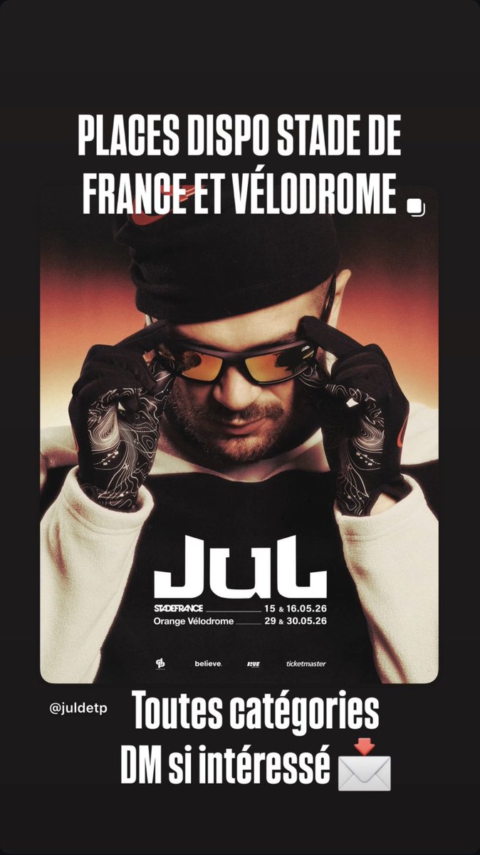 nerox_eth's tweet image. Je vends plusieurs places pour le concert de Jul au STADE DE FRANCE  🏟️ le 15/ 16 MAI 2026

Beaucoup de catégories disponibles !

DM si intéressé(e) 📩
(@ leni.gnn sur Instagram)

#Ticketmaster #ticket #billet #billeterie #Paris #Jul #ConcertTickets