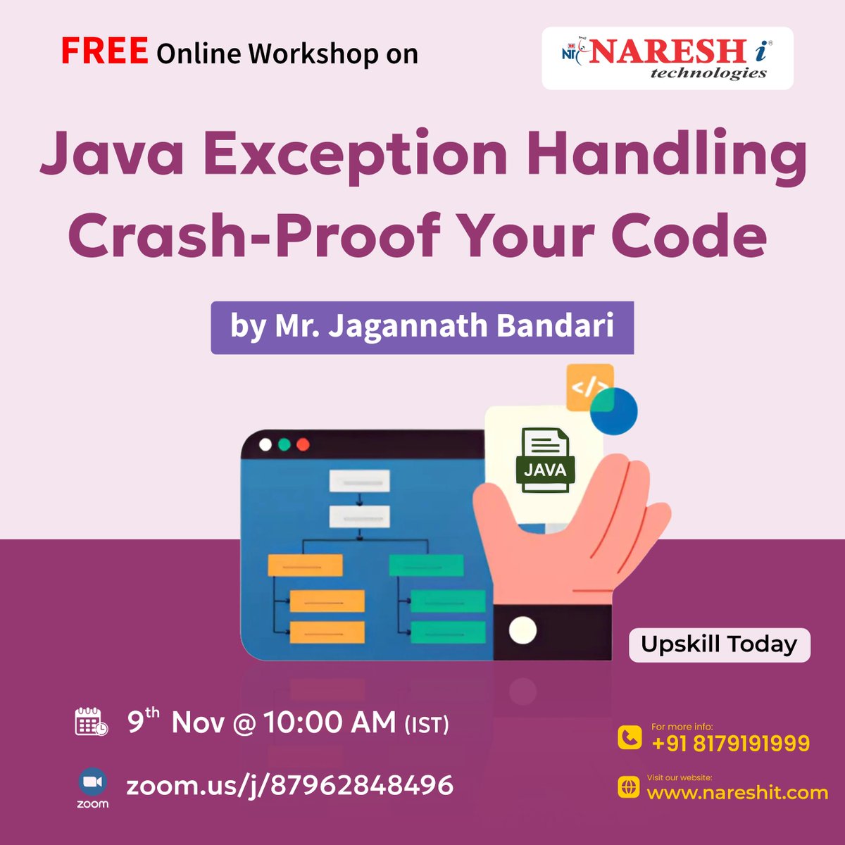 nareshitech's tweet image. 🔥 Free Online Workshop on Java Exception Handling
💻 Learn how to crash-proof your code and make your applications more stable and reliable!

Register Now: t.ly/OajLf

📅 Date: 9th November
⏰ Time: 10:00 AM (IST

#NareshIT #JavaWorkshop #JavaDevelopers #Exception
