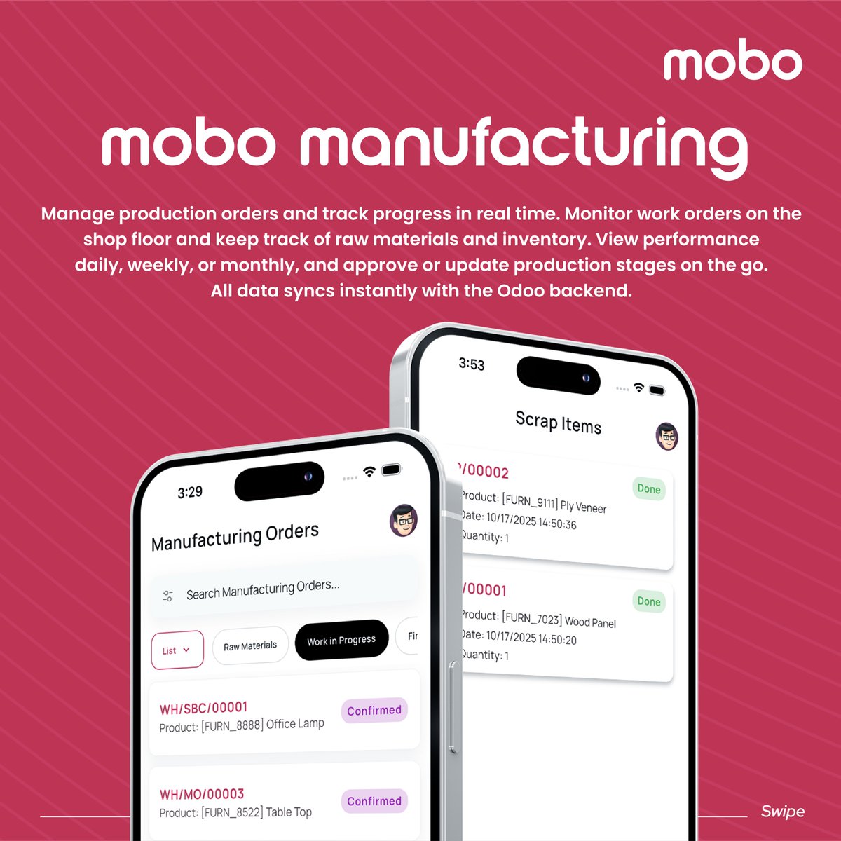 Cybrosys's tweet image. Factory Floor to Delivery Van: Mobo has you covered! Monitor production orders, track inventory/raw materials, and handle delivery routes and picking updates instantly. Works offline too! Get Manufacturing and Delivery apps for Odoo. 🏭🚚
(4/5)
#SupplyChain #Manufacturing