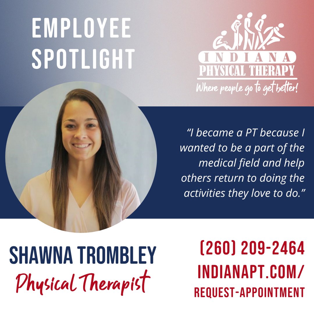 Indianapt's tweet image. Meet Shawna Trombley, PT, DPT, from our Kendallville clinic. 🌟

Shawna chose a career in physical therapy because she wanted to help people return to the activities they love.

We’re thankful to have Shawna on the IPT team. 👏