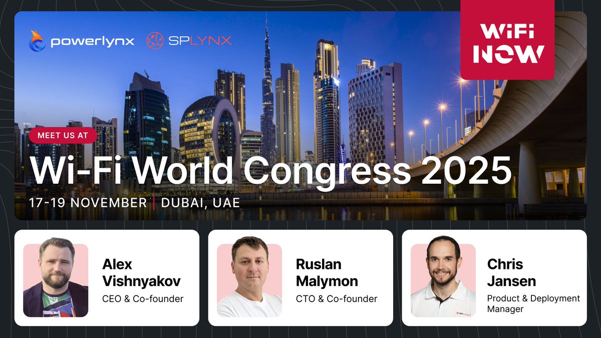 IspFramework's tweet image. We’re heading to Dubai for Wi-Fi World Congress 17–19 Nov 2025 as Lynx Technologies group - exhibiting and speaking.

Showing: Splynx (ISP billing &amp;amp; ops) + Powerlynx (Wi-Fi hotspot &amp;amp; marketing).
Details: eu1.hubs.ly/H0prSTx0

#WiFi #WWC #ManagedWiFi #Splynx #Powerlynx