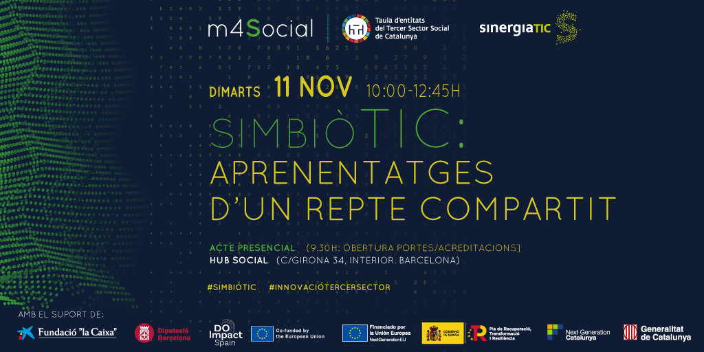 🔔L'11/11 la 'Tardor digital'🚀 de <a href="/m4_social/">m4Social</a> finalitza amb l'acte de cloenda de '#SimbiòTIC: aprenentatges d'un repte compartit'.

Una jornada per repensar com la tecnologia pot contribuir a millorar l’atenció a les persones.

👉bit.ly/3Xg8ztz

#InnovacióTercerSector