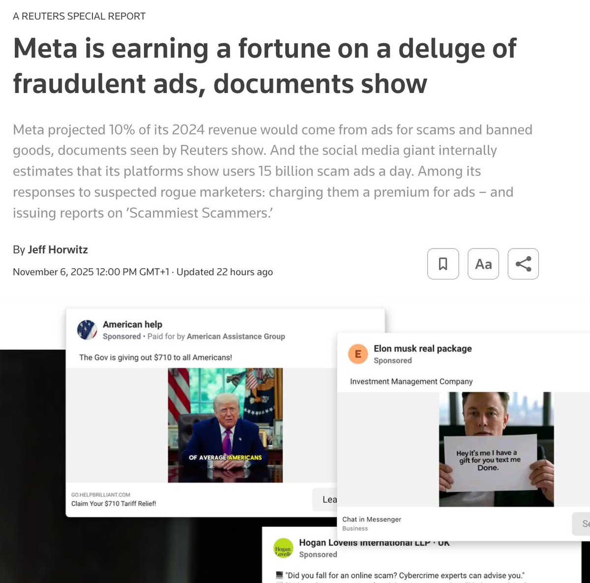 Dice Reuters que ha contrastado con documentos internos Meta proyectó que el 10 % de sus ingresos de 2024 provendrían de anuncios de estafas y productos prohibidos. 

Bajado a números: la propia Meta estimaría internamente que sus plataformas muestran a los usuarios 15.000