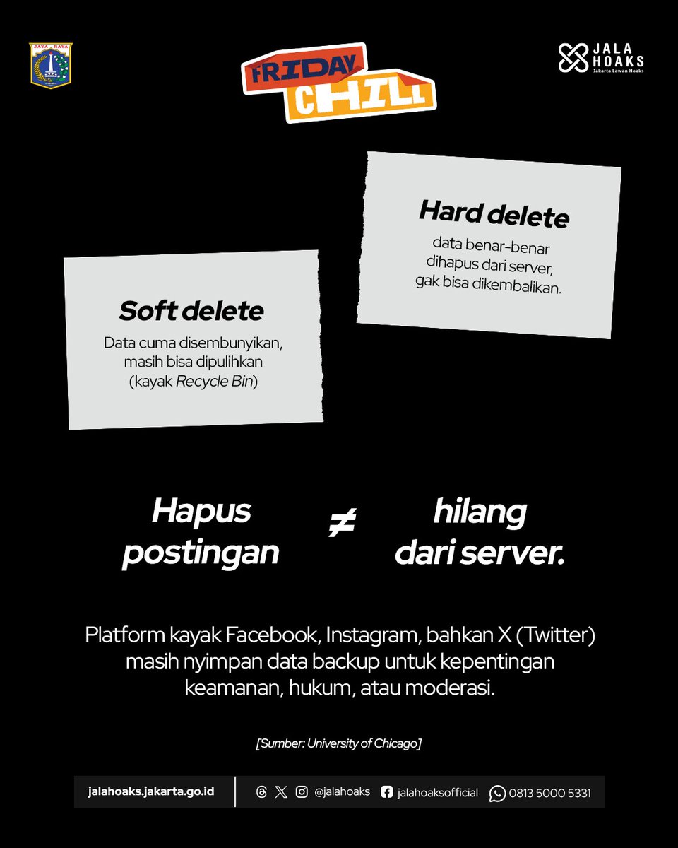 jalahoaks's tweet photo. Di internet, โhapusโ belum tentu โhilangโ.
Kadang cuma pindah tempat dari layar ke server.
Akun bisa baru, tapi jejak lama tetap masih ada.
Di dunia nyata, bekas bisa hilang.
Tapi di dunia maya, bekas malah bisa di-restore.
๐ง Think before you post!
#Jalahoaks
#FridayChill https://t.co/AUnyKb14CF