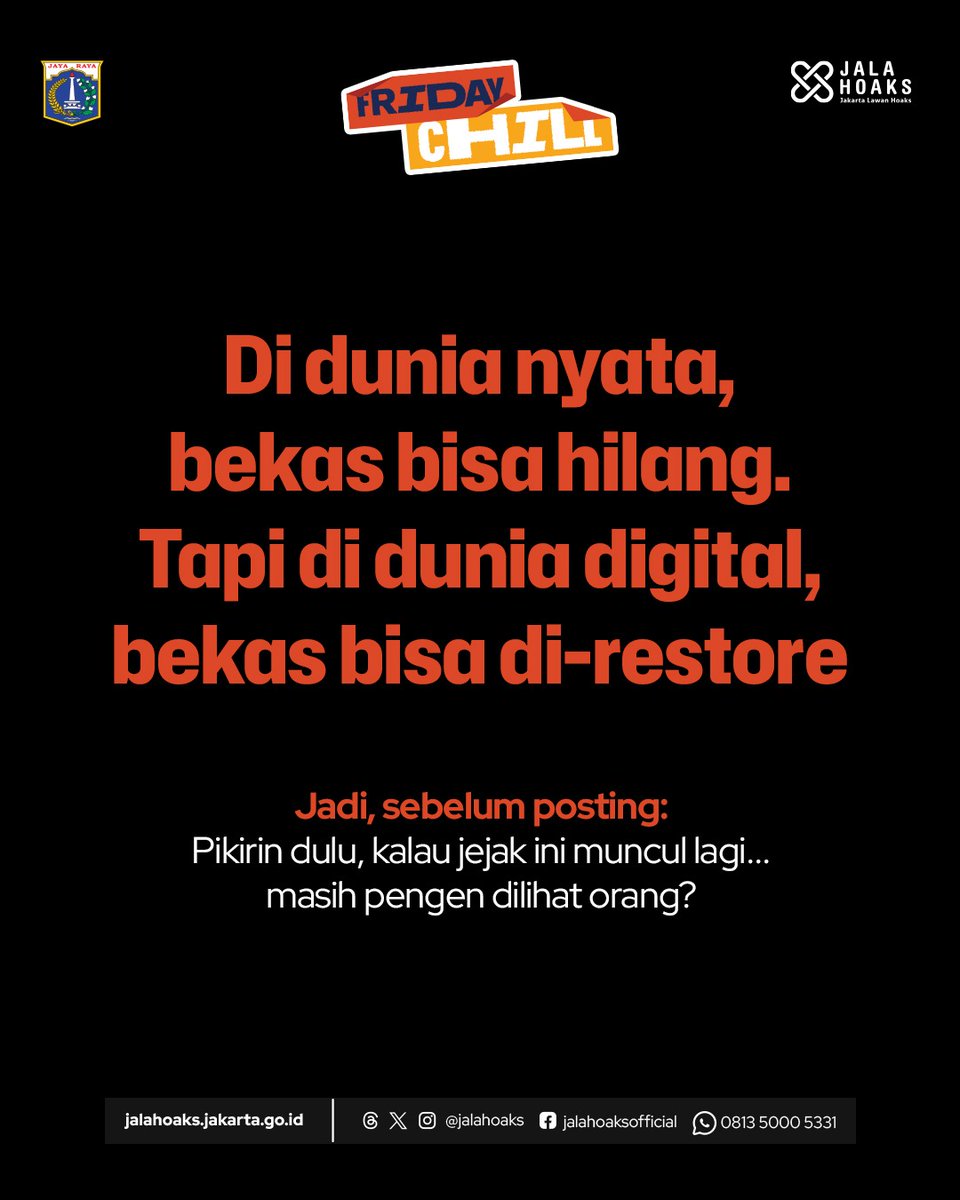 jalahoaks's tweet photo. Di internet, โhapusโ belum tentu โhilangโ.
Kadang cuma pindah tempat dari layar ke server.
Akun bisa baru, tapi jejak lama tetap masih ada.
Di dunia nyata, bekas bisa hilang.
Tapi di dunia maya, bekas malah bisa di-restore.
๐ง Think before you post!
#Jalahoaks
#FridayChill https://t.co/AUnyKb14CF