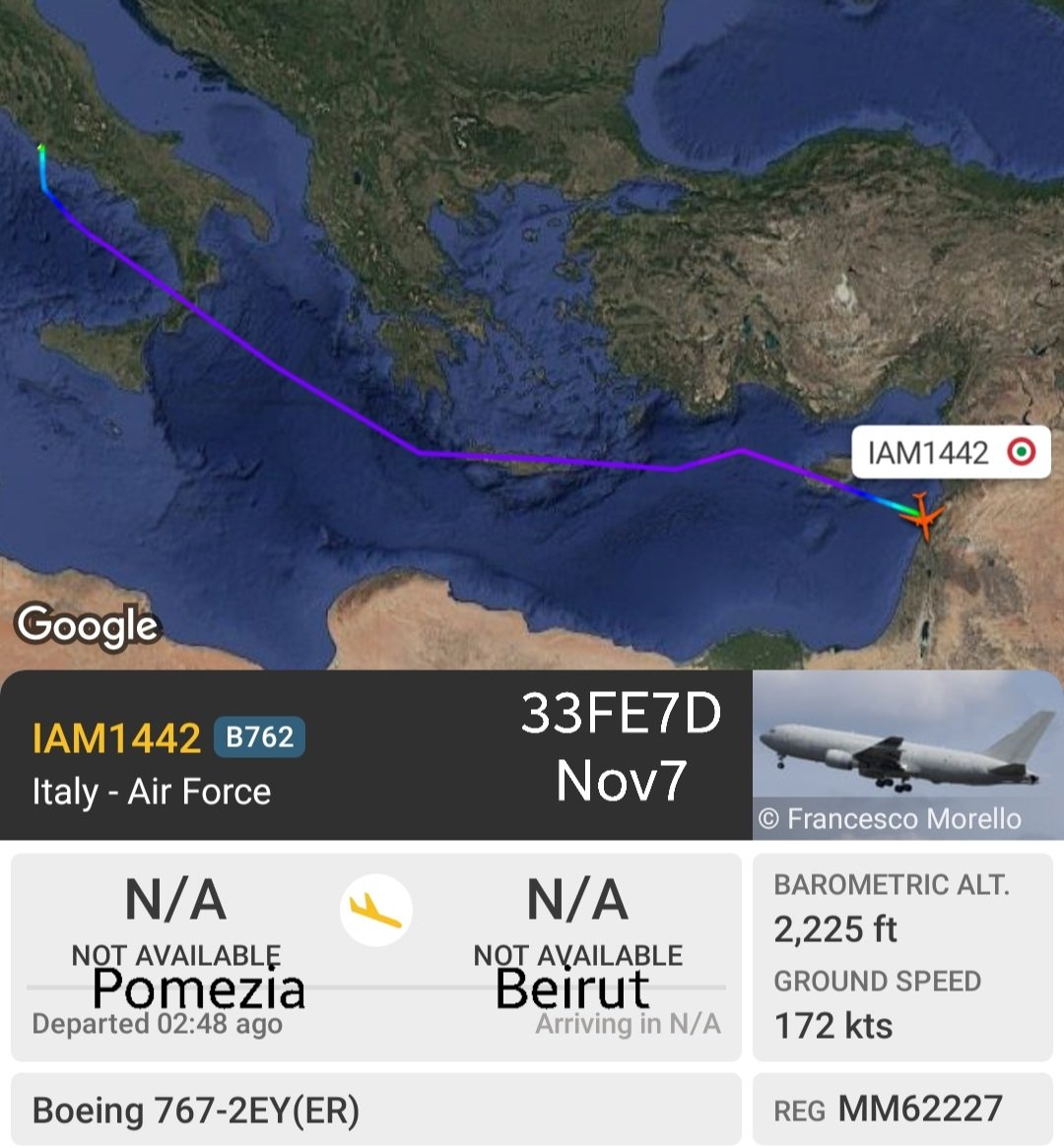 LebanonJets's tweet photo. 1st #Italy AirForce KC767 for the month #MM62227 #33FE7D into a hazy/smokey Beirut from Pomezia- next to Verona as #IAM1442 some of the 1,200 Italian troops for #UNIFIL use a chartered 737 of AlbaStar to Torino https://t.co/ctVb3rHwCX