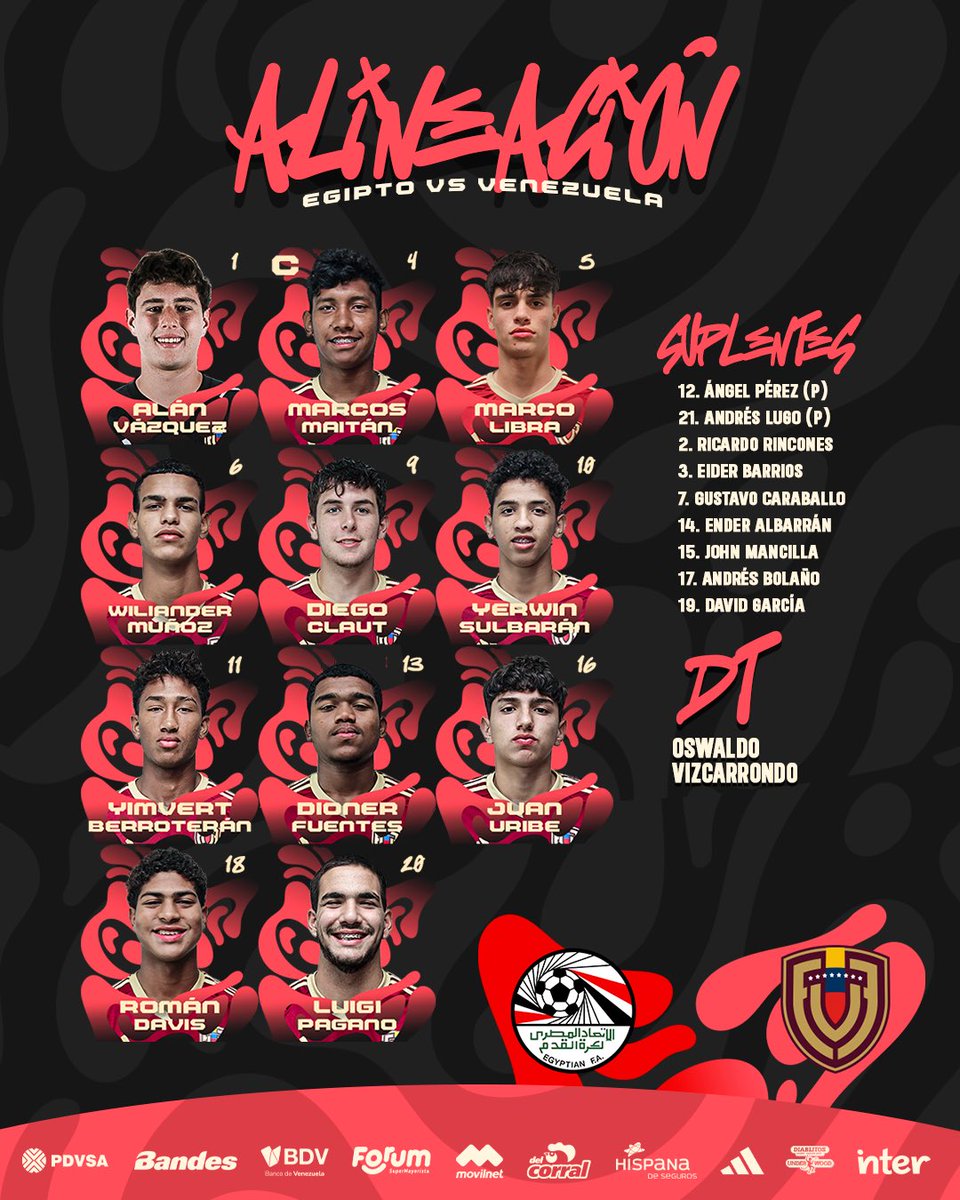 𝐗𝐈 𝐕𝐈𝐍𝐎𝐓𝐈𝐍𝐓𝐎 🇻🇪

Los elegidos de Oswaldo Vizcarrondo para enfrentar a Egipto en la segunda jornada de la 𝗖𝗼𝗽𝗮 𝗠𝘂𝗻𝗱𝗶𝗮𝗹 𝗦𝘂𝗯 𝟭𝟳 𝗱𝗲 𝗹𝗮 𝗙𝗜𝗙𝗔 𝗖𝗮𝘁𝗮𝗿 𝟮𝟬𝟮𝟱.

⌚️ 9:30 AM (VEN) | 4:30 PM (CAT)
📺 <a href="/Canal_Televen/">Televen</a> y FIFA+ 
📻 <a href="/hotsports941/">HOT Sports 94.1 FM</a>