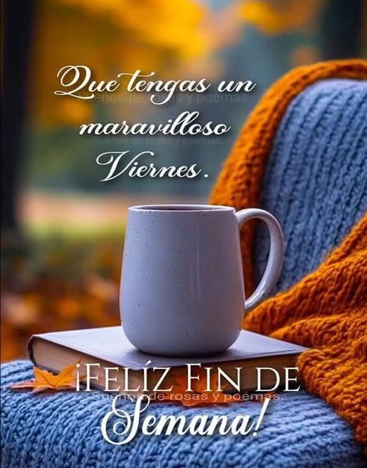 A cozy indoor scene viewed through a window with blurred autumn foliage in orange and yellow tones outside. On a blue knitted blanket lies an open book with a white ceramic mug containing a hot beverage, steam rising from it. An orange knitted scarf or throw is draped nearby. Text overlays in elegant font read Que tengas un maravilloso Viernes at the top and Feliz Fin de Semana at the bottom. A small orange leaf rests on the book.
