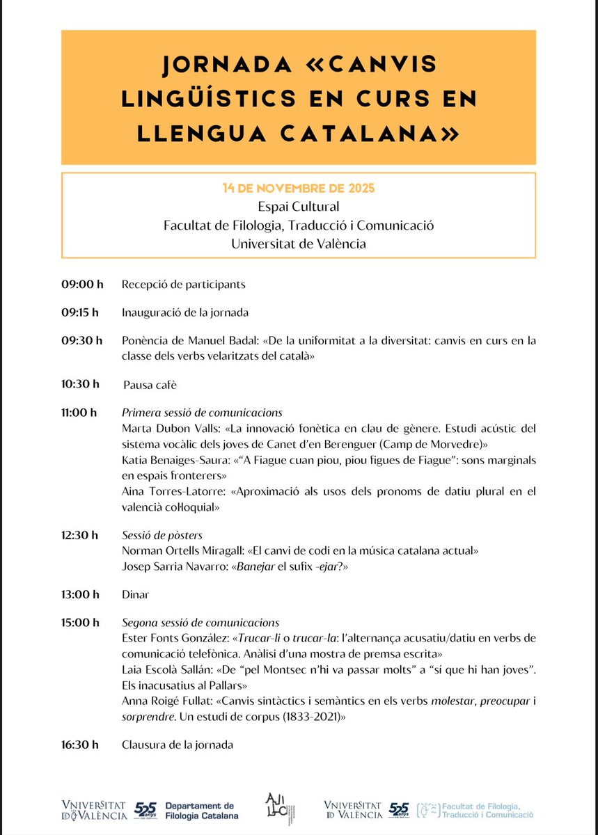 El divendres que ve, 14 de novembre, tindrà lloc la Jornada «Canvis lingüístics en curs en llengua catalana», organitzada per l'<a href="/AJILLC1/">AJILLC</a> , que comptarà amb la participació de diversos companys del nostre departament. El professor <a href="/ManuelBadal1/">Manuel Badal</a> realitzarà la ponència convidada.