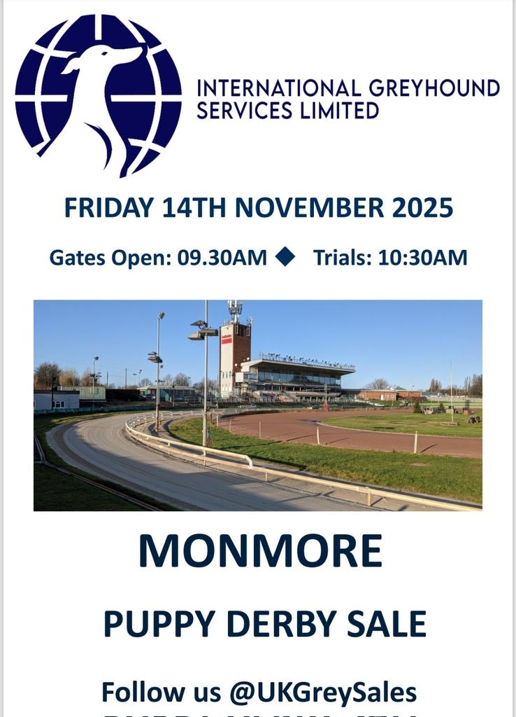 The catalogue for our final sale of the year on Friday 14th November at <a href="/MonmoreRacing/">Monmore Racing Office</a> is now available to download at internationalgreyhoundservices.com/track-sales/
Trials will commence at 10:30am