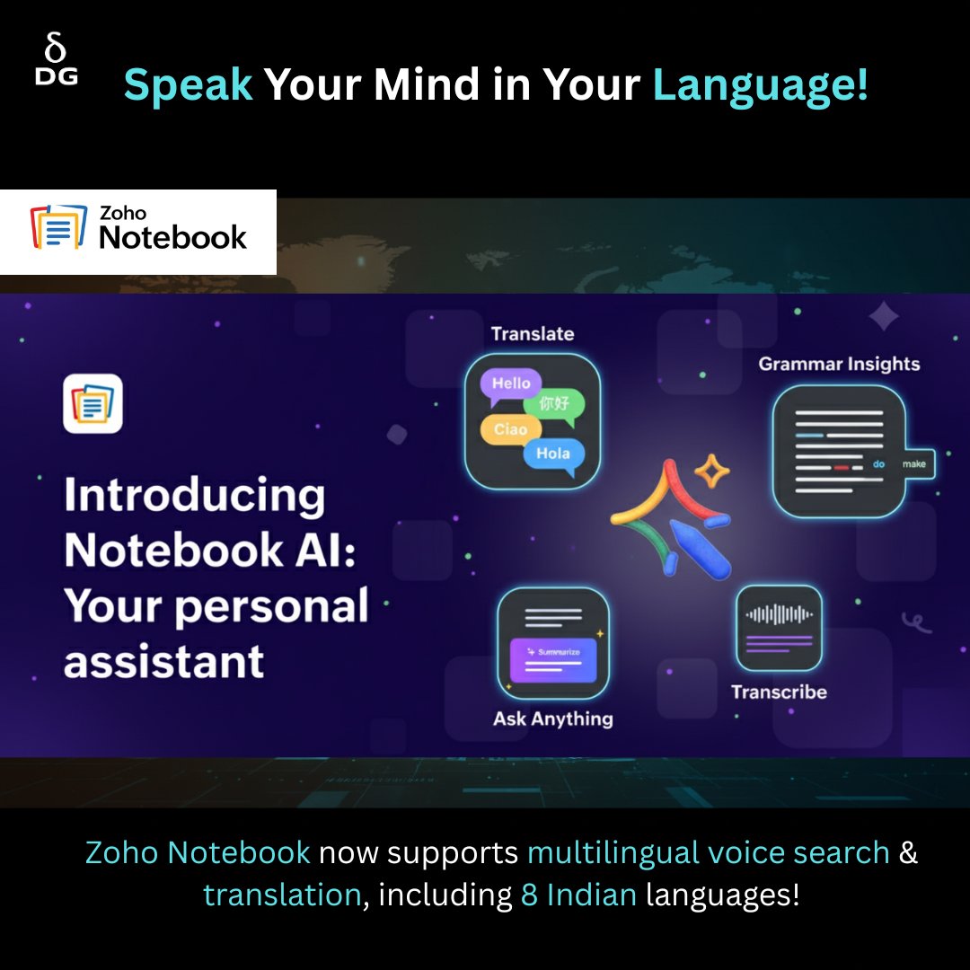 deltavix_global's tweet image. 🧠✨ Zoho Notebook just got a MAJOR AI upgrade! From multilingual voice notes to smart writing tools  meet your new productivity partner powered by Zia, Zoho’s in-house AI.
#DeltaVixGlobal #teamdeltavixglobal #ZohoNotebook #ZohoAI #AIMadeSimple