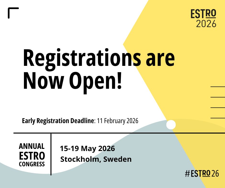 📢 Registration is OPEN for #ESTRO26 — “Innovating Radiation Oncology, Together” 🇸🇪
📅 15–19 May 2026 | Stockholm
🎯 Early-bird deadline: 11 Feb 2026
💡 Members enjoy extra discounts!
Join the community shaping the future of radiation oncology.
🔗 bit.ly/4oT91tt
#Radonc
