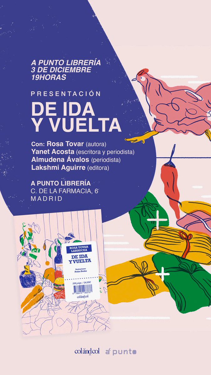📅 3/12 - 🕓 19h
📍A Punto Escuela de Cocina y librería gastronómica. 
📖 Presentación del libro «De ida y vuelta» de #RosaTovar, historiadora, cocinera y escritora, que reconstruye las huellas invisibles -y a menudo olvidadas- de la cocina hispanomusulmana en América y Europa.