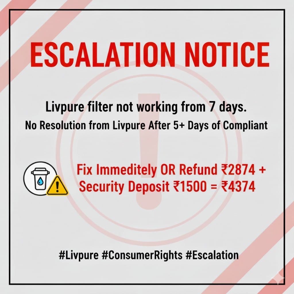 VivekRa49440951's tweet photo. So far Worst Service provided by @Livpure_India @LivpureSmart Complaint raised on 2nd November about filter not working. After 5+days and multiple calls,no resolution
Immediate fix OR refund the deposit amount and cancel plan 4374rs
@Consumer2Court @LiveLawIndia #ConsumerRights https://t.co/rTTUzXJWkG