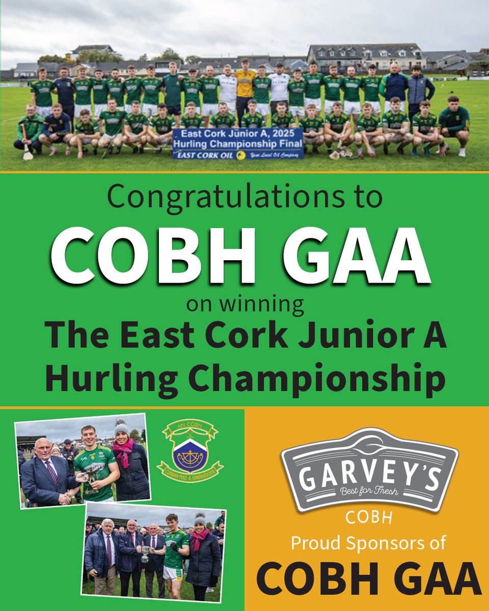 Congratulations to <a href="/OfficialCobhGAA/">Cobh GAA</a> on winning The East Cork Junior A Hurling Championship from everyone at Garvey's SuperValu Cobh. Best of luck in the upcoming County Championship!

#ProudSponsors