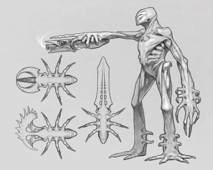アイデアスケッチ

"ツールバグ"と呼ばれる生き物と生活を共にする知的生命体
品種改良によって様々な種類が存在するツールバグを腕や脚に装着して作業を行う 