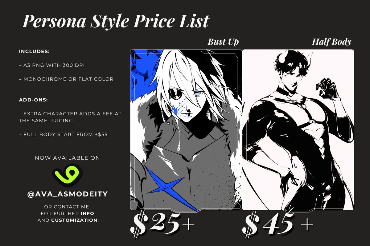ava_asmodeity's tweet image. ❣️OPEN COMMISSIONS❣️

Here are my services, VGen link in replies!

You can get:
❤️ Persona-style illust start from $25
❤️ Semirealism illust start from $45
❤️ Eyes banner start from $35
❤️ YCH start from $35

Likes + RT are appreciated, tsym!! ✨
#VGenComm #VGen