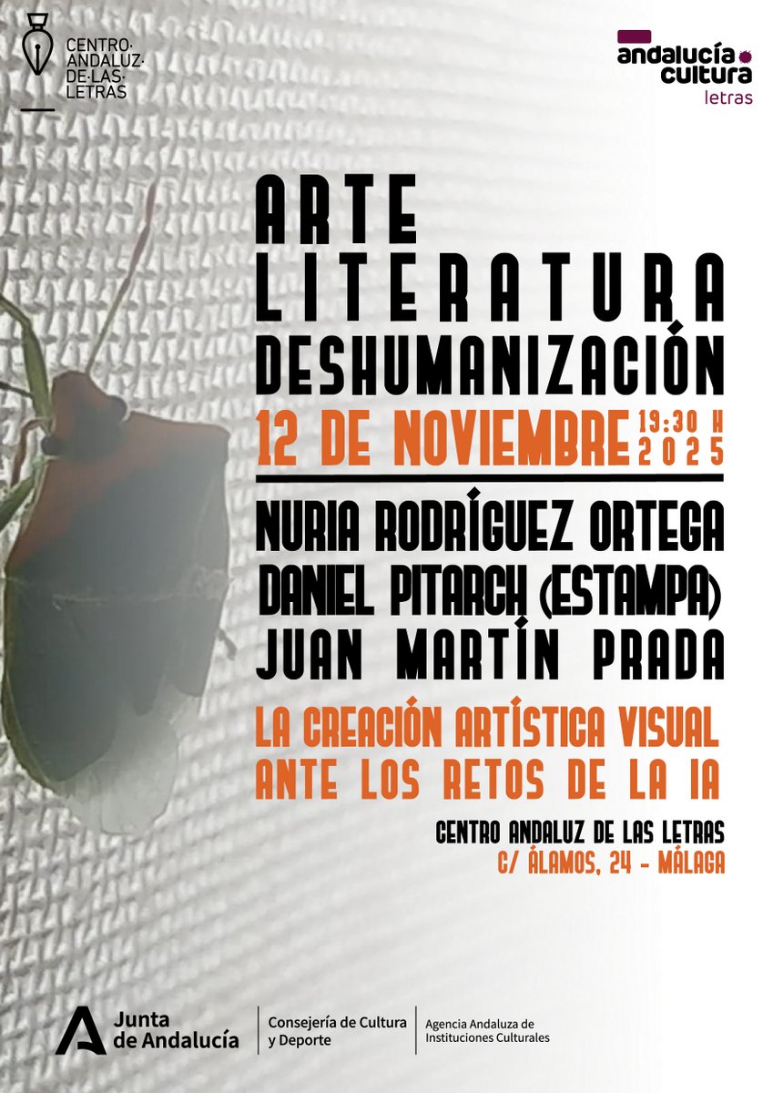 El miércoles que viene nos vemos en MÁLAGA a las 19:30 en esta mesa redonda en la que hablaremos sobre  "LA CREACIÓN ARTÍSTICA VISUAL ANTE LOS RETOS DE LA IA". 
Os espero!!