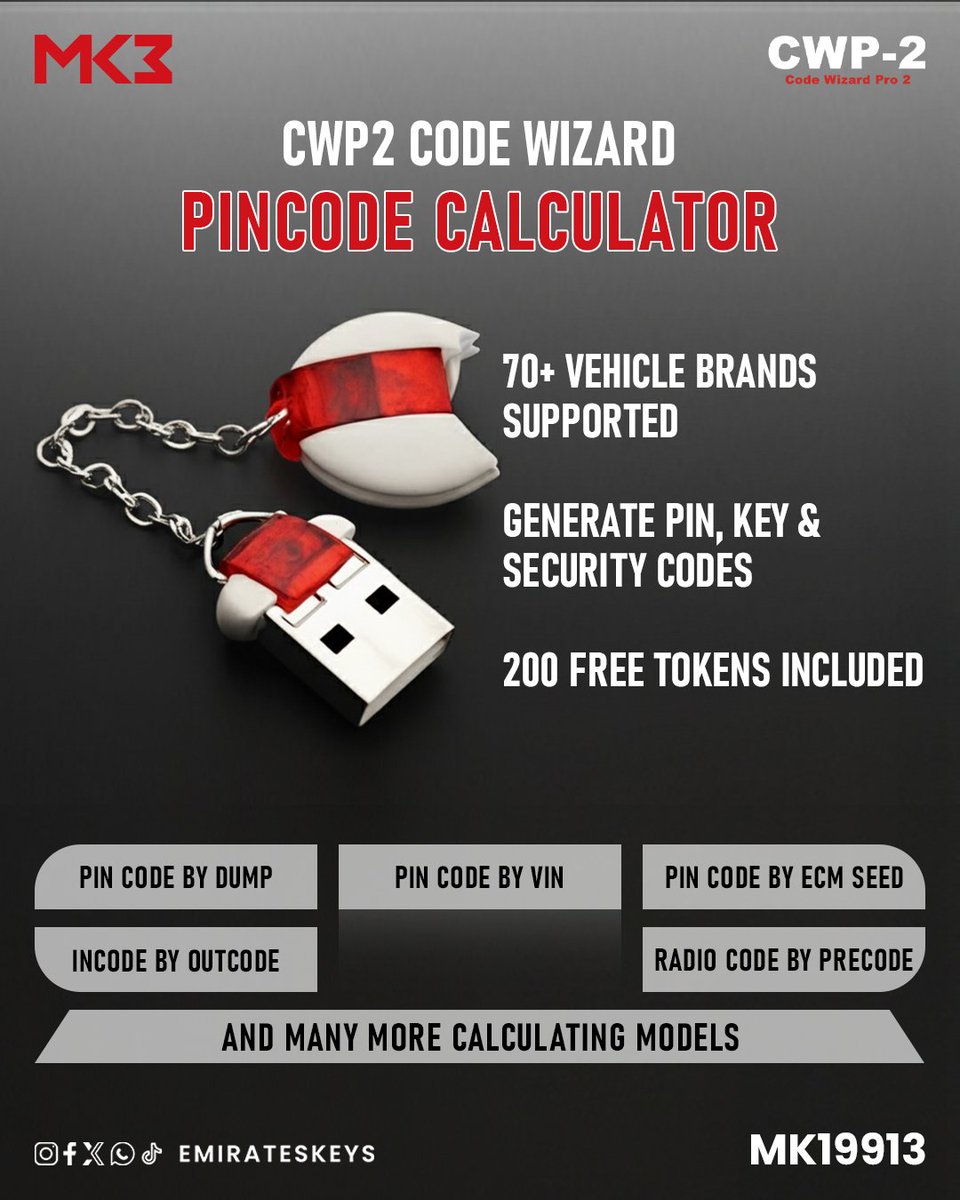 NDelhiEmirKeys's tweet image. 🚨MK3 CWP2 Code Wizard: supports 70+ brands, generates PINs &amp;amp; codes, with 200 free tokens—boost efficiency &amp;amp; secure vehicle data! 🔑🚗

📱 +971525004707

#VehicleSecurity #CarKeys #CodeWizard #AutomotiveTools #MK3